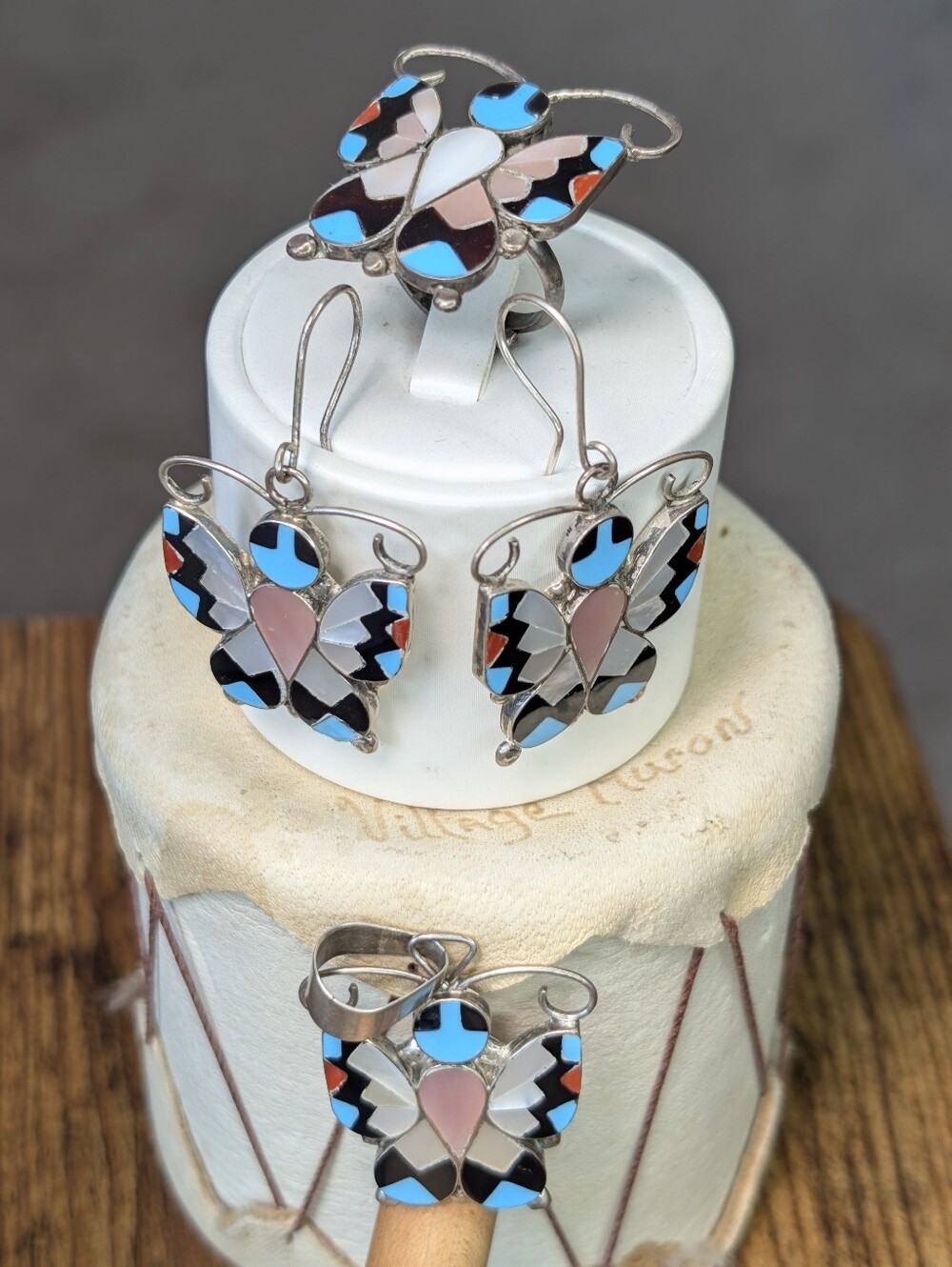 VTG Zuni Allison Dishta Sterling Silver Multi-Stone Inlay Butterfly Set 4pc